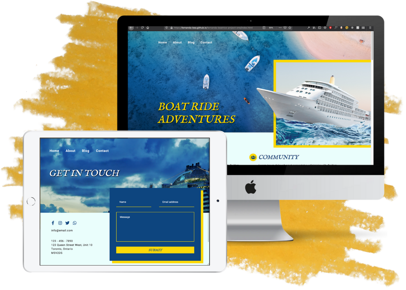 Mockup of the Boat Ride Adventures app as displayed on a Macbook monitor and an iPad.