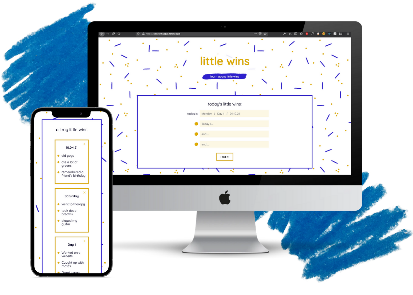 Mockup of the littleWins app as displayed on a Mac Monitor & an iPhone.