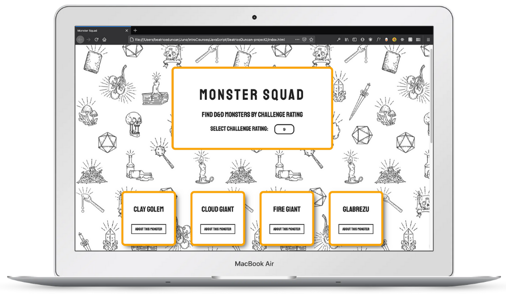 Mockup of Monster Squad App as displayed on a Macbook Air