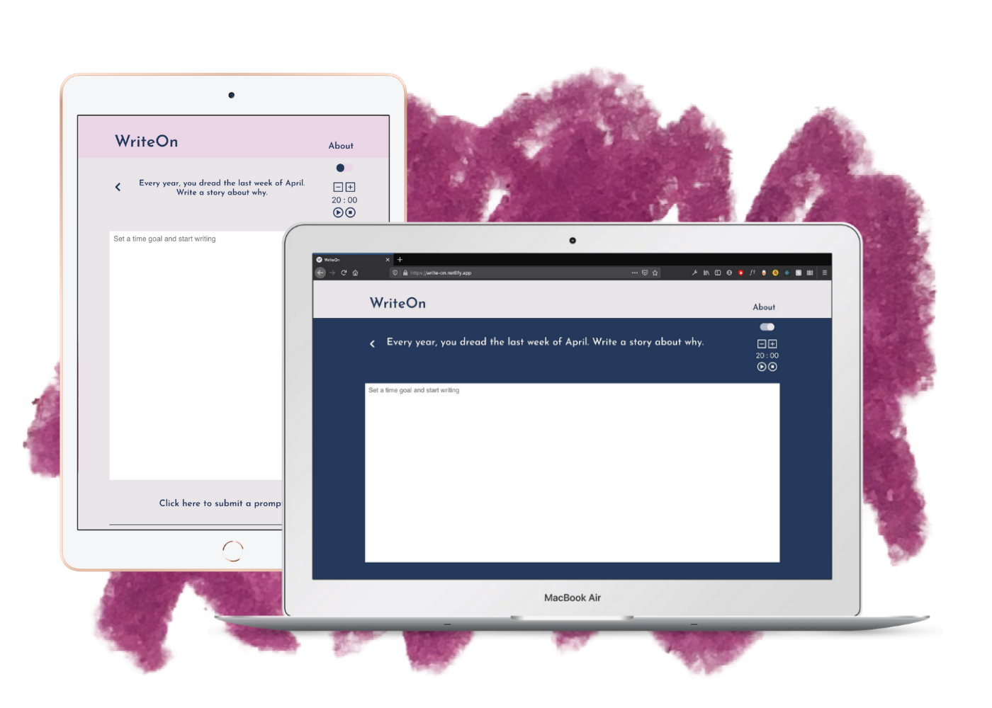 Mockup of the WriteOn app as displayed on a Macbook Air & an iPad.